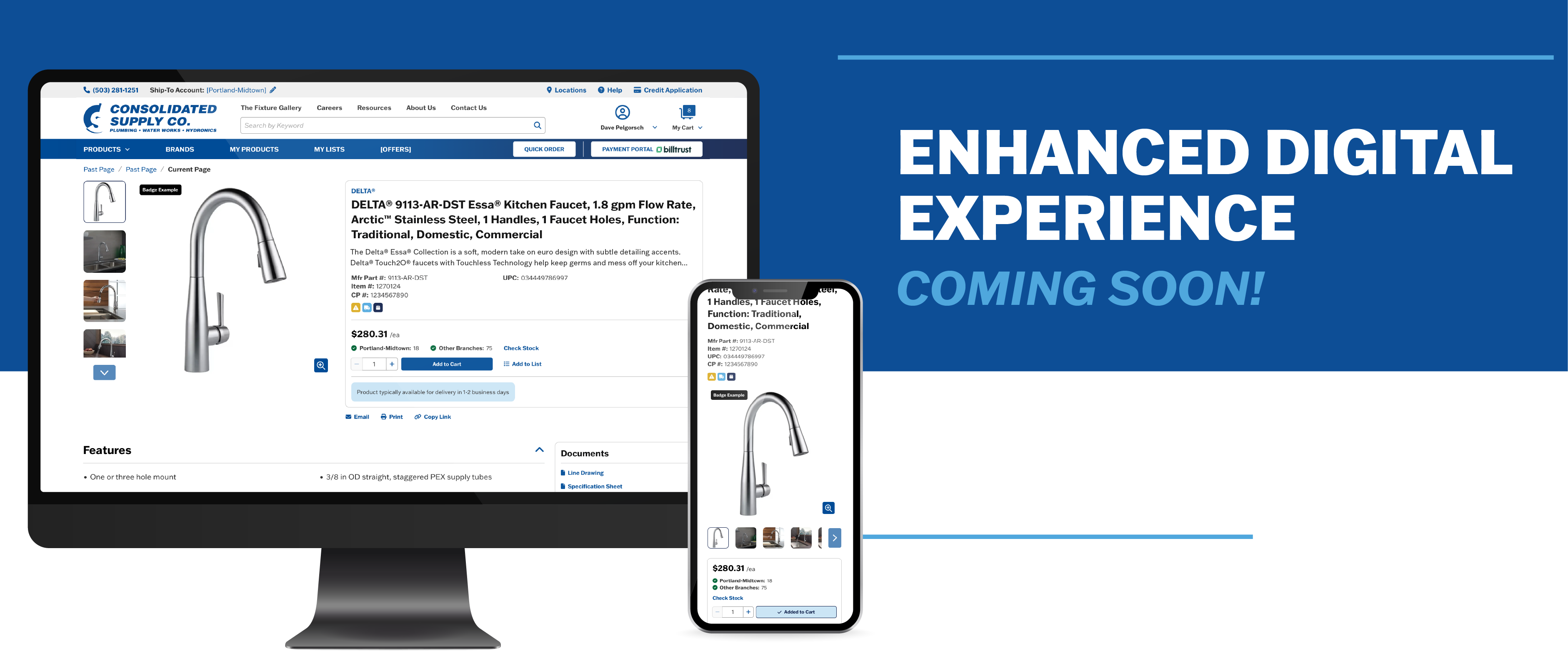 Image of new Consolidated Website hosted on PC and mobile Device on a blue an white background. To the side, announcement: 