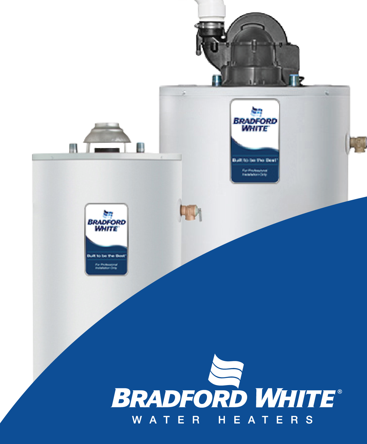 Two Bradford white water heaters (right aligned) with a blue arched shape covering the bottom right corner. On top of the shape is a white Bradford White logo.